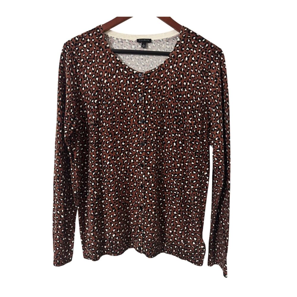 Talbots Brown‎ Button Front Animal Print Cardigan Size Large NWOT